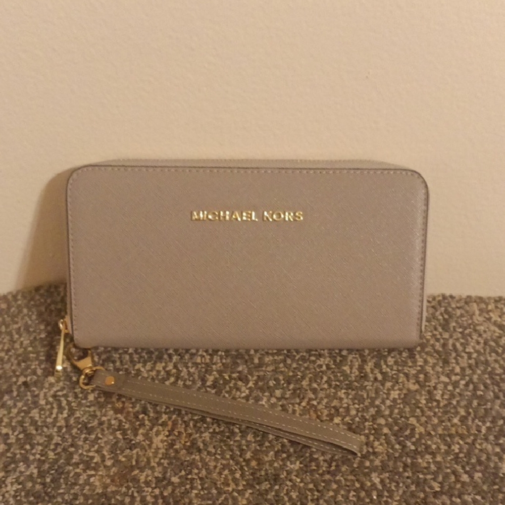 Michael Kors Gray Wristlet with Gold Details